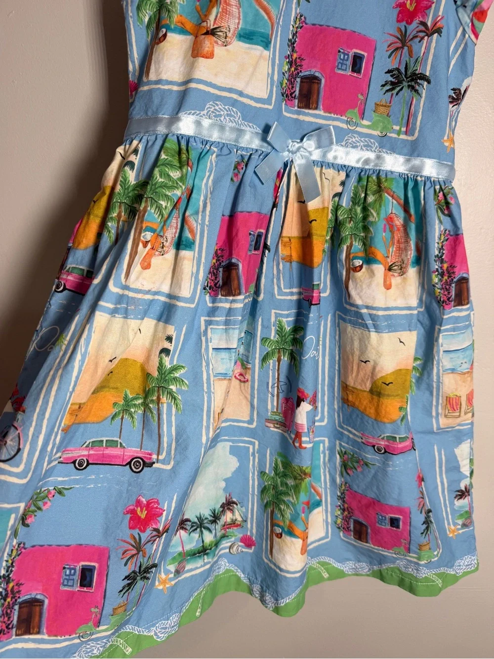 Patachou Girls Blue Postcard Beach Print Dress Size 8Y Cotton Peter Pan Collar